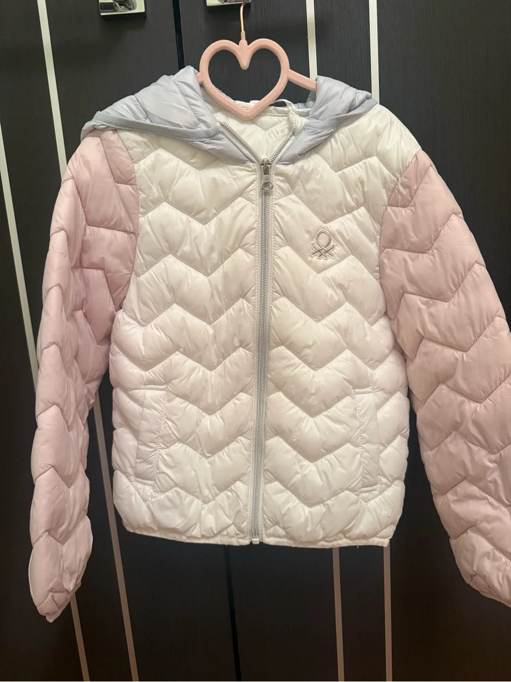 United Colors Of Benetton Pink, White & Light Gray Hooded Puffer Jacket